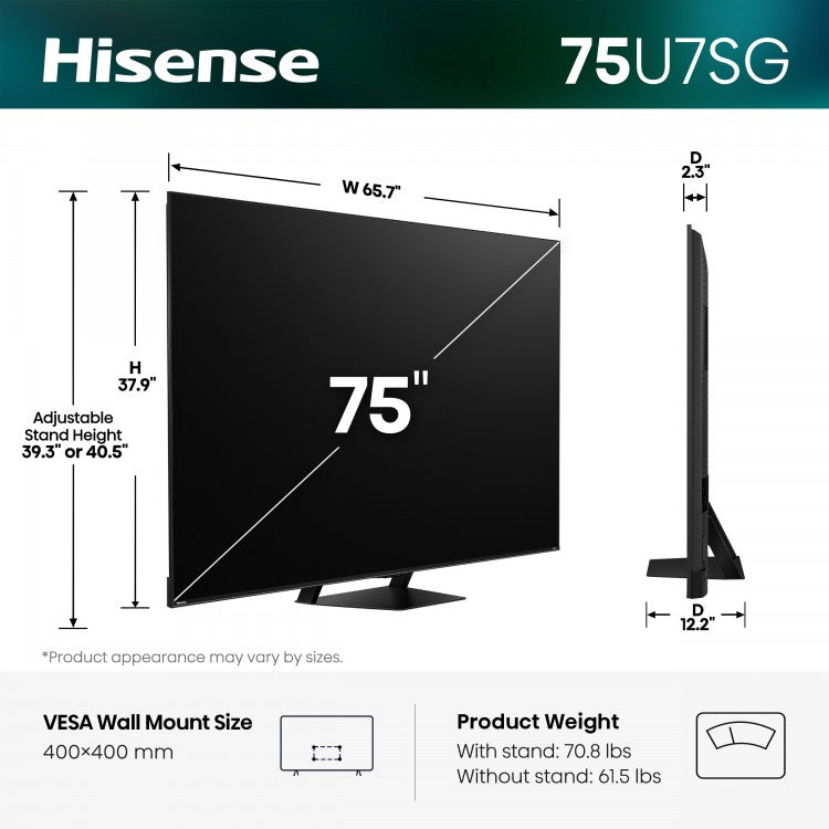 Hisense 75" U7SG Series 4K Hi-QLED Mini-LED PRO 165Hz Flagship Google TV (75U7SG)