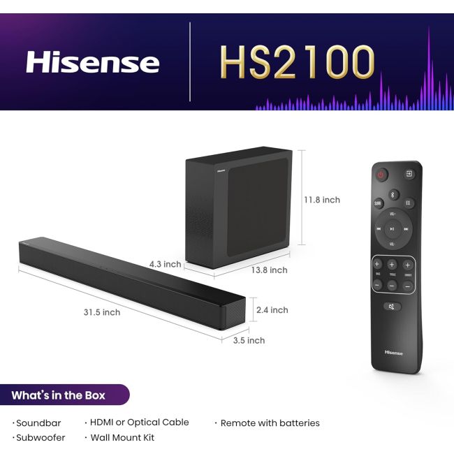 Hisense 2.1 Channel 240W Soundbar with Wireless Subwoofer (HS2100)