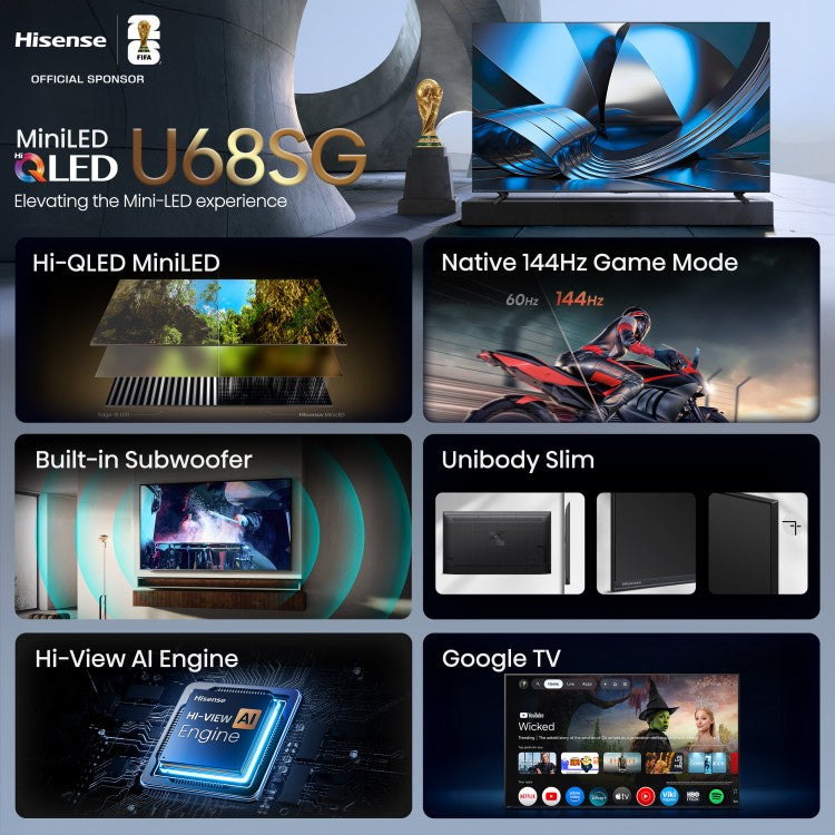 Hisense 55" U68SG Series 4K Hi-QLED Mini-LED PRO 144Hz Google TV (55U68SG)