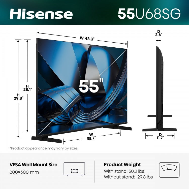 Hisense 55" U68SG Series 4K Hi-QLED Mini-LED PRO 144Hz Google TV (55U68SG)